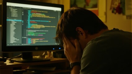 A person appears frustrated while working on a computer with code displayed on the screen.