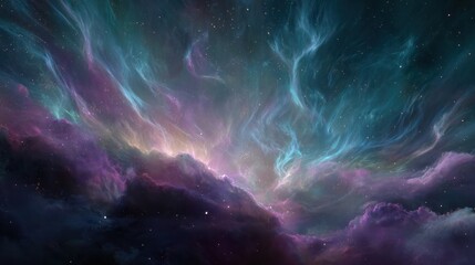 Ethereal nebula glows with vibrant blues, purples, golds, and black space clouds