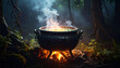 © riefriefrief - A hyper-realistic and dramatic photograph of a glowing cauldron or pot with fire burning inside. The fire and steam from the pot create a mystical and eerie atmosphere