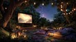 © Johannes - cozy outdoor setting with a large screen and comfortable seating under the starry night sky surrounded by lush greenery awaiting a magical movie night experience