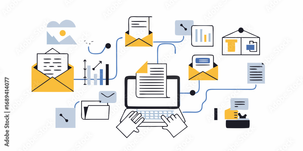 Digital communication and data flow illustration showing emails ...