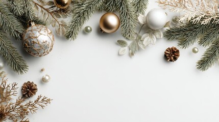 Wall Mural - new year or christmas frame with fir tree branches and festive decor white putty background top view no logos no brands ar 169