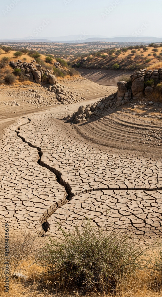 Dry cracked earth landscape with deep fissure evokes drought and ...