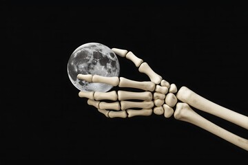 a skeletal hand delicately holding a full moon against a backdrop of deep black darkness creating a 