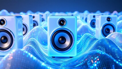 A conceptual digital audio landscape featuring an endless array of glowing speakers on a vibrant blue data wave, representing sound technology and network synthesis