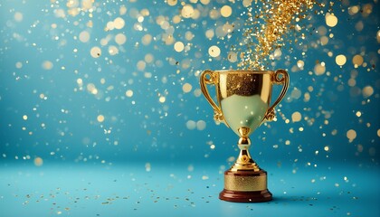 Wall Mural - a golden trophy stands prominently against a vibrant teal backdrop as glittering confetti rains down, symbolizing achievement and celebration.