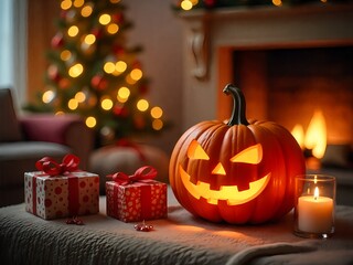 Wall Mural - A decorated Christmas interior scene with a carved pumpkin, presents, and a lit Christmas tree in the background.