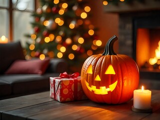 Wall Mural - A decorated Christmas interior scene with a carved pumpkin, presents, and a lit Christmas tree in the background.