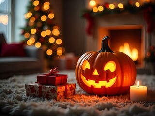 Wall Mural - A decorated Christmas interior scene with a carved pumpkin, presents, and a lit Christmas tree in the background.