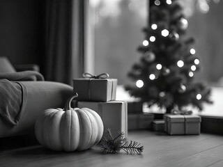 Wall Mural - A decorated Christmas interior scene with a carved pumpkin, presents, and a lit Christmas tree in the background.