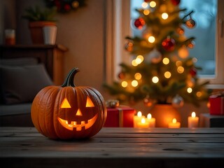 Wall Mural - Cozy Christmas living room decorated with glowing carved pumpkin, gift boxes, and illuminated Christmas tree in the background
