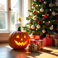 Wall Mural - Warm festive holiday scene with carved pumpkin, Christmas presents, and a sparkling lit Christmas tree