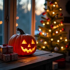 Wall Mural - Warm festive holiday scene with carved pumpkin, Christmas presents, and a sparkling lit Christmas tree