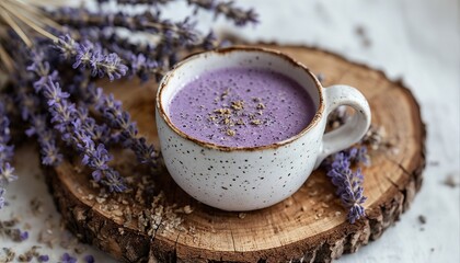Wall Mural - a creamy lavender-colored drink sits in a speckled ceramic mug atop a rustic wooden slice, complemented by fresh lavender sprigs.