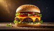 © Orbit - Close-up of classic cheeseburger with sesame bun, lettuce, beef patty, cheddar, tomato, and red onion on dark background.