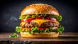 © Orbit - Close-up of classic cheeseburger with sesame bun, lettuce, beef patty, cheddar, tomato, and red onion on dark background.