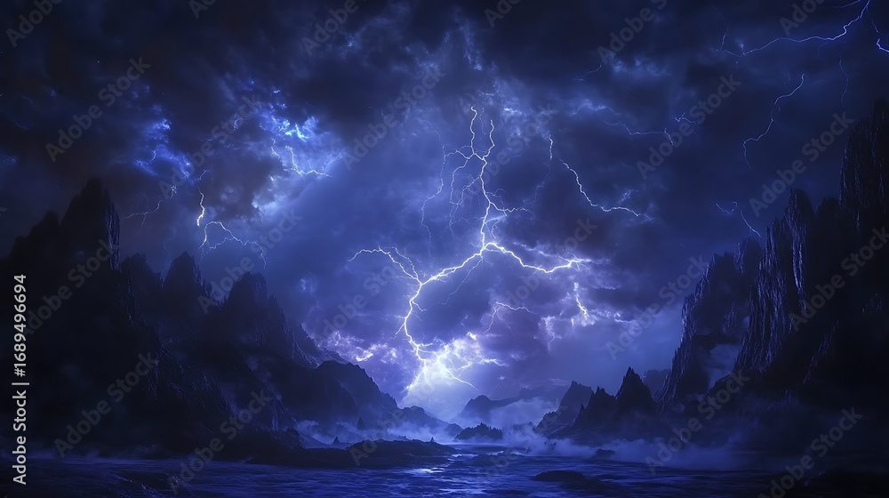 Intense Lightning Storm Over a Dark Rocky Landscape and Water clouds ...