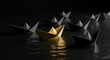 © Store - Golden Paper Boat Leads Dark Fleet Across Still Water in Leadership Concept