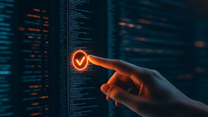 Hand pressing a glowing checkmark icon on a digital interface with lines of code. Concept for quality assurance, software testing, system approval, and cybersecurity.