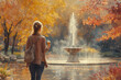 © Ekaterina - Woman walking by fountain in park.