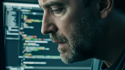 A Close-Up of a Man Focused on Coding with Various Lines of Code Displayed