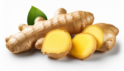 fresh whole ginger root and sliced ginger showing vibrant yellow interior ideal for culinary medicinal and health related uses isolated on transparent or white background