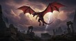 © Epic Photo - Majestic Dragon Soaring Over Ruins - A powerful red dragon flies through a stormy sky above ancient ruins, lightning flashing behind it