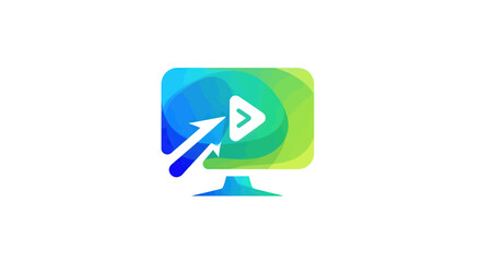 A colorful computer monitor displays a play button icon with an upward-pointing arrow, suggesting streaming or video content.