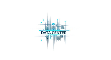 Abstract vector illustration of a data center with interconnected lines, nodes, and the words 