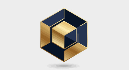 Abstract geometric design featuring a cube within a cube, rendered in gold and dark blue on a light background.