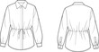 © Hasem Creative - Long sleeve shirt technical sketch, front and back views, drawstring waist, pointed collar, button cuffs, cad drawing flat vector illustration