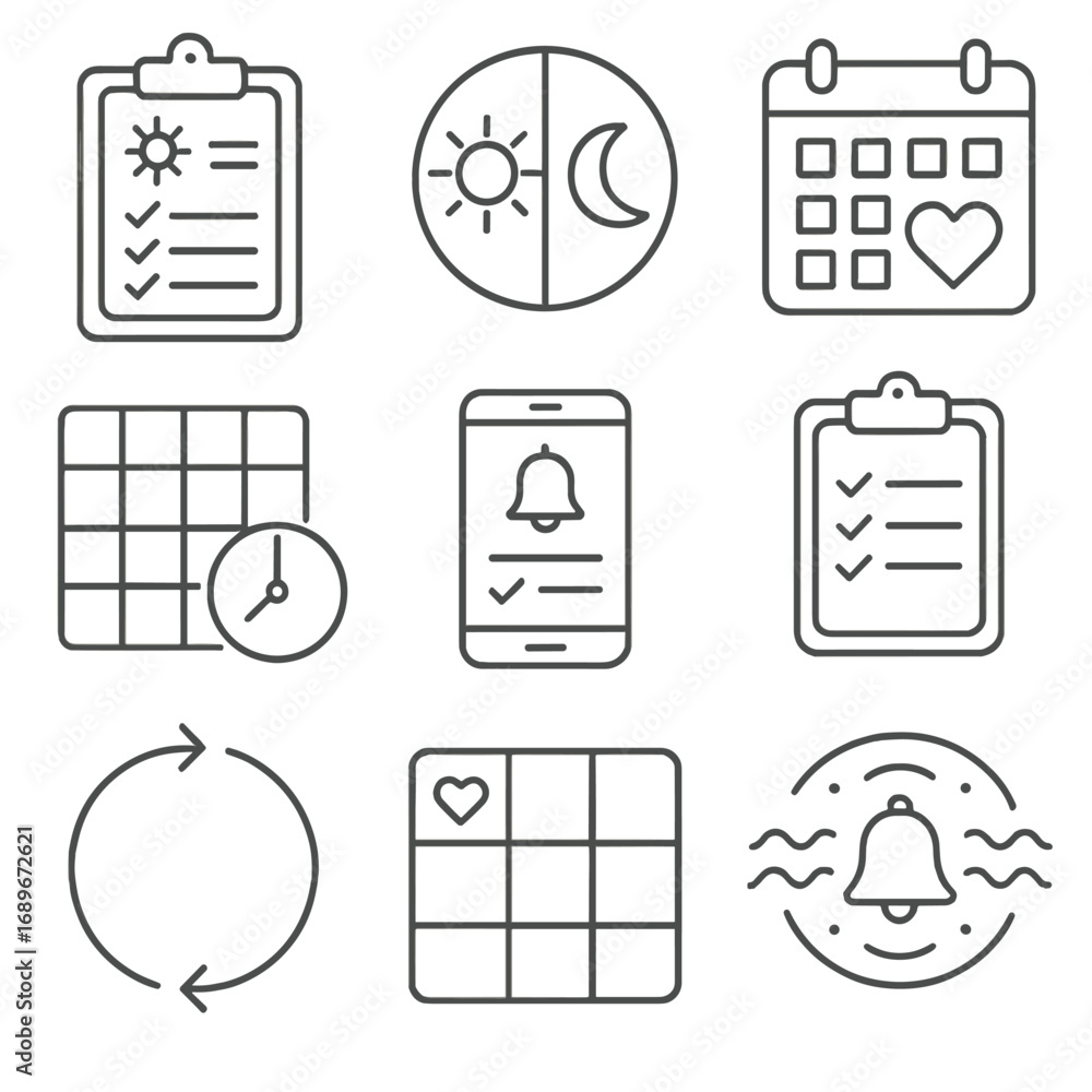 Am Routine Colorful Icons Stock-Vektorgrafik „Routine Tracking Icons. Line style icons of routine ...