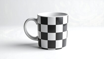 White mug with black and white checkered pattern