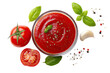 © Adriyanca - Overhead view of tomato sauce and ingredients.  Fresh tomato slices, basil leaves, garlic clove, peppercorns, and a glass bowl filled with rich red tomato sauce