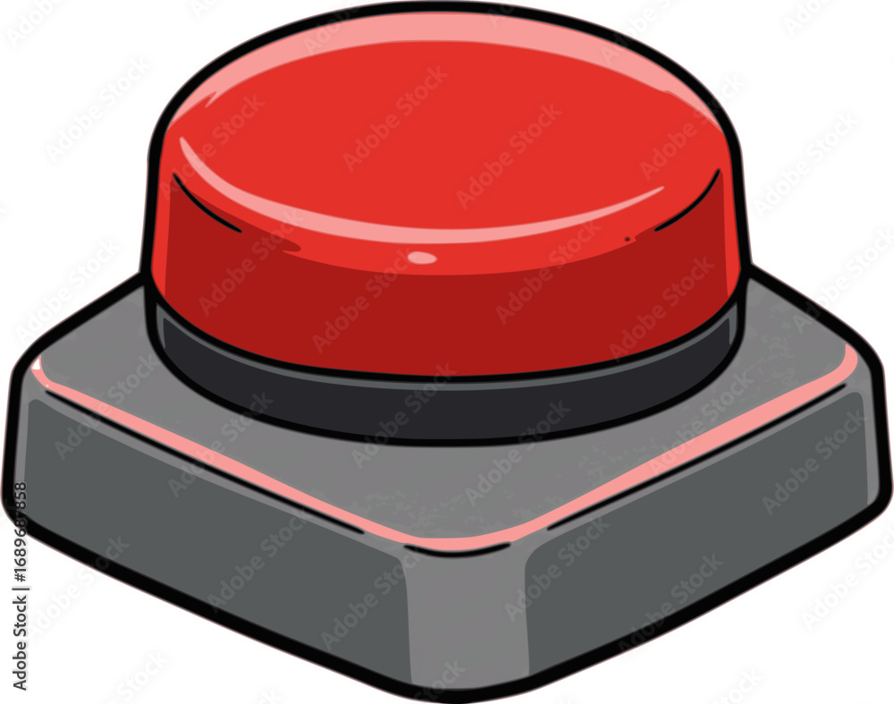Cartoon illustration of a large red button on a gray base, likely a ...