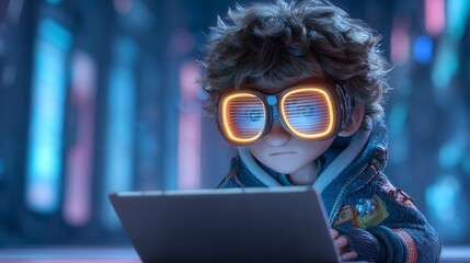 Boy immersed in futuristic tech using tablet and glowing glasses in vivid colors