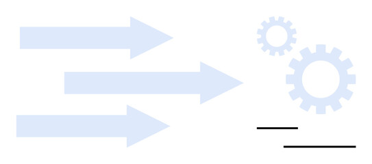 Three arrows pointing toward gears indicating movement and progress. Ideal for workflow, teamwork, process efficiency, goal achievement, innovation, technology, and system optimization. Simple flat