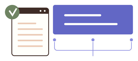 Document with a green checkmark linked to text fields via connectors. Ideal for validation, approval process, analysis, workflow, data mapping, system integration, simple flat metaphor