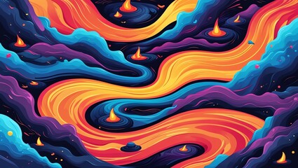 Wall Mural - abstract cosmic river: a vibrant digital artwork featuring swirling rivers of blue, orange, and purp