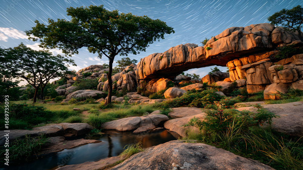 Natural rock arch formation in a savanna landscape with a tree and ...