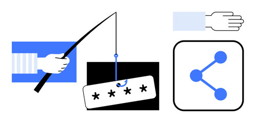 Wall Mural - Fishing rod catching password, hand extended, sharing icon. Ideal for cyber safety, phishing awareness, online security, data sharing, user privacy, fraud prevention simple landing page