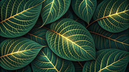 Ultra-macro view of emerald-green leaves with glowing golden veins, arranged in a seamless repeating pattern, luxurious and jewel-like wallpaper aesthetic.
