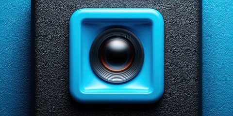Striking camera lens, framed in a vibrant blue square against a textured background