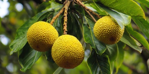 a vibrant image of breadfruit, a tropical fruit hanging from a tree branch, showcasing its texture.
