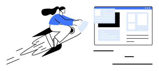 Woman on a rocket heading toward a dynamic browser interface representing progress, innovation, and technology. Ideal for technology, startups, success, innovation, speed, digital tools simple