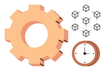 Gear symbolizing mechanism, cubes indicating connectivity or blockchain, and clock representing time management. Ideal for innovation, teamwork, productivity, industry, operation, workflow