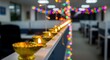 © Chetanraj - Decorated office with glowing diyas and colorful string lights during Diwali festival, festive workplace atmosphere symbolizing celebration, joy, and cultural tradition in India