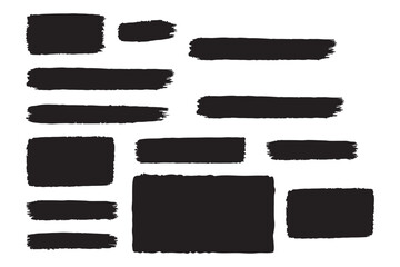 Wall Mural - Set of bold dried brush strokes isolated on white, including grunge acrylic textures, hand-drawn thick lines, rectangles, banners, sketchy horizontal strokes, black ink traces, and stencil silhouettes