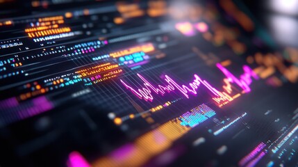 Wall Mural - Abstract financial chart with neon lines and upward trend over a digital interface with binary code