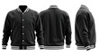 © Orange - Black varsity jacket, 360-degree view.  Mockup of a black bomber jacket with white stripes.  Front, back, and side views displayed